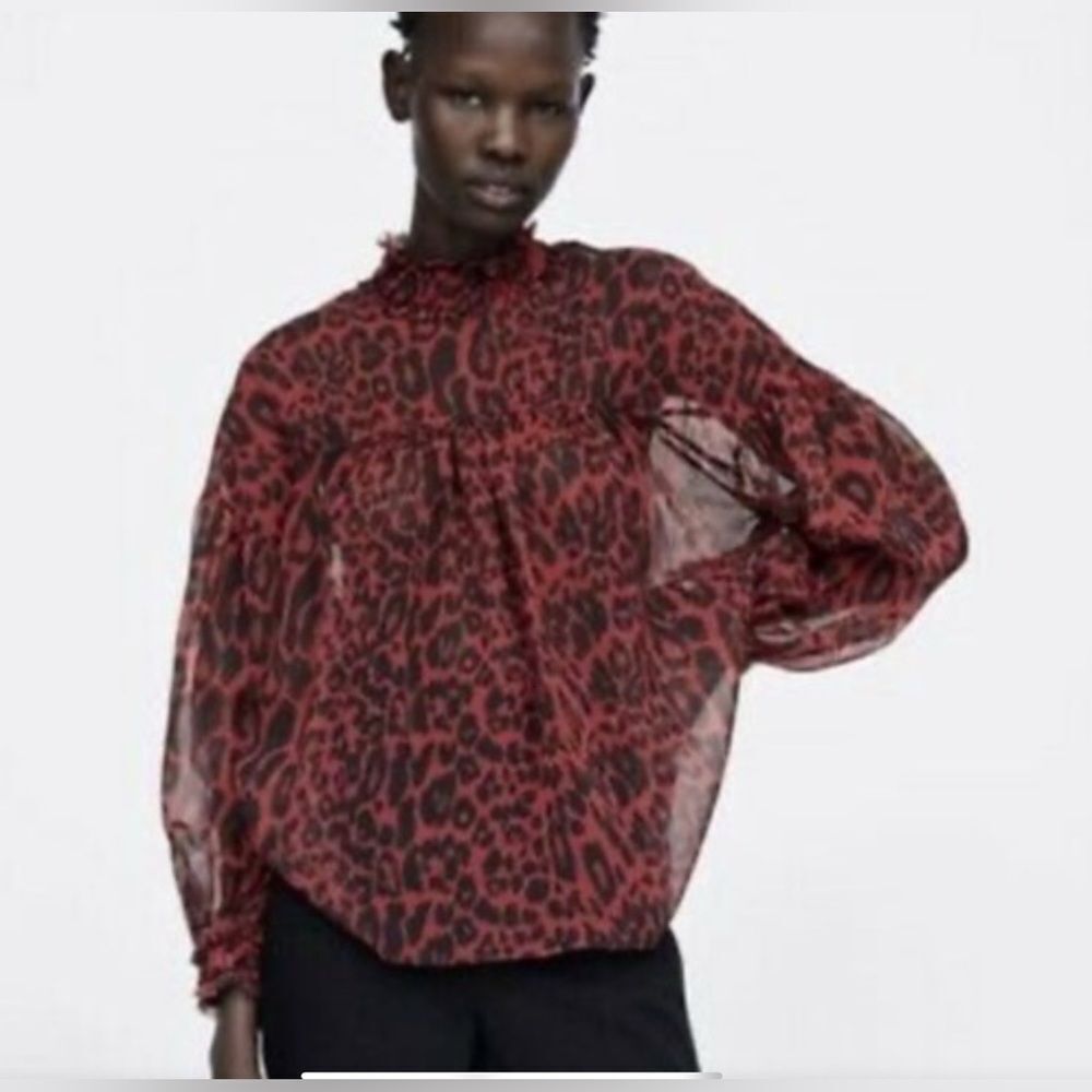 Zara Blouse Womens Small Red Black Cheetah Print Mock Neck Flowy Sheer Top